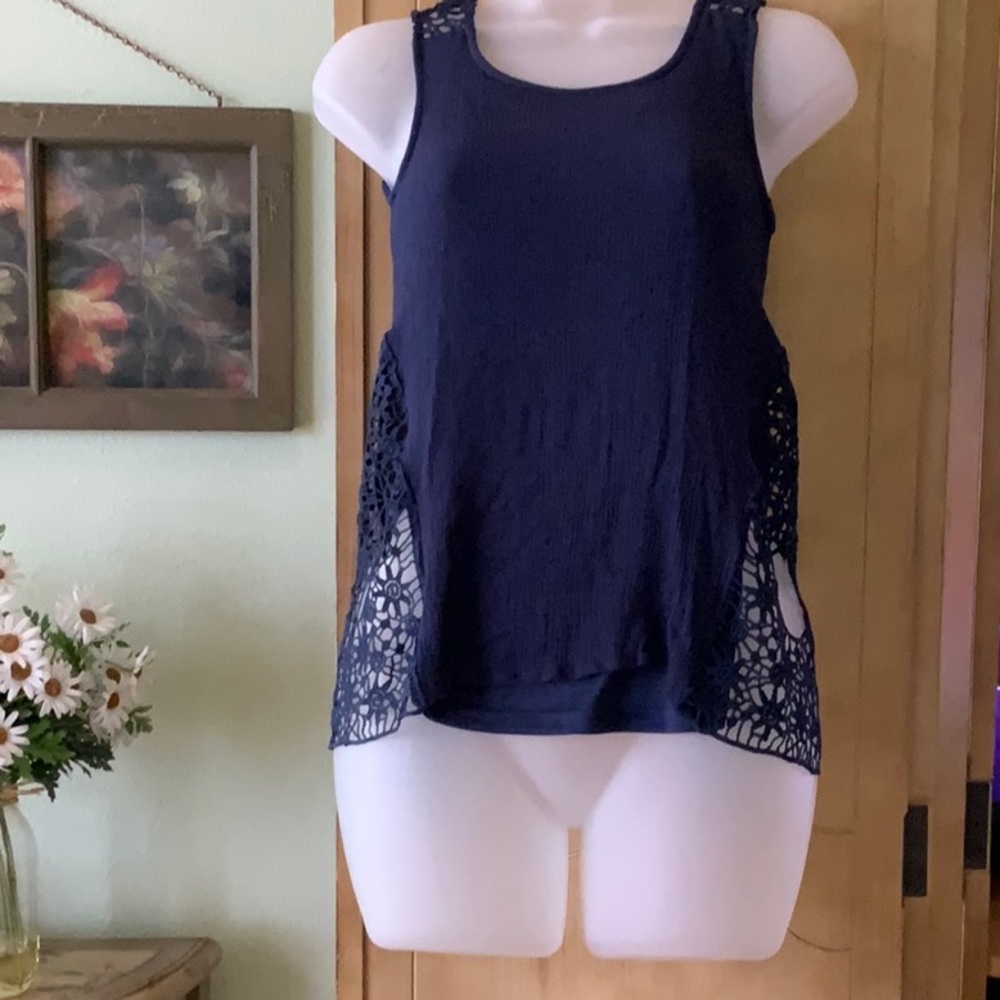 Alya Top Navy Blue Gauze And Lace Cropped And Cutout Back Size XS